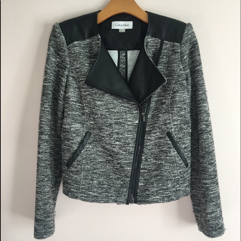 Calvin Klein Gray Tweed Jacket w Faux Leather